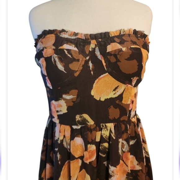 Storia Sheer Floral Brown printed Midi dress Bustier Ruffled Hem Large Strapless - Picture 4 of 10